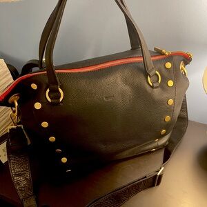 Hammitt Daniel Large Leather Satchel Bag Black/Brushed Gold Red Zip